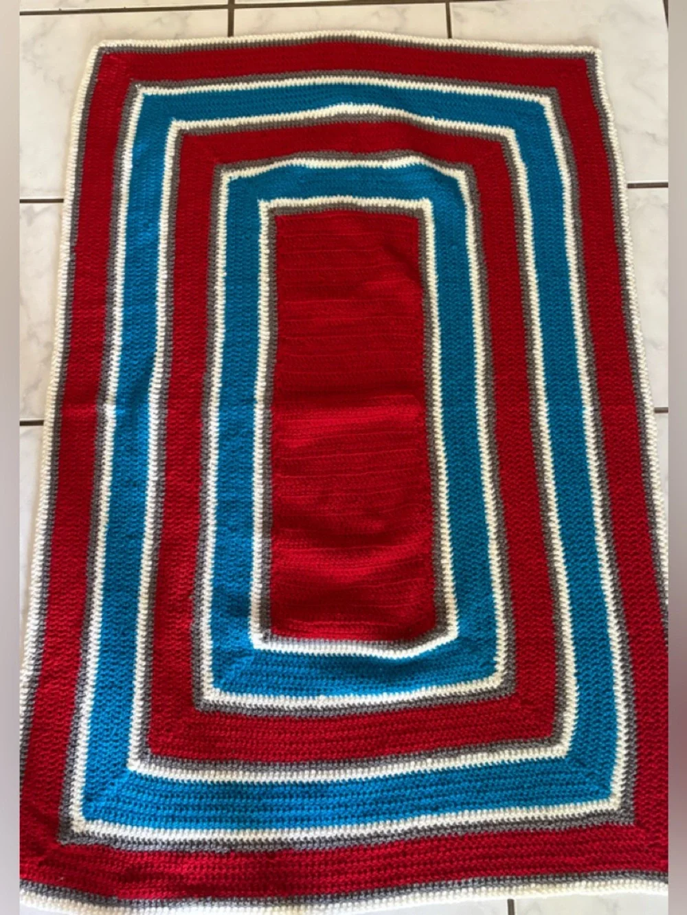 Striped Red, Blue & White Crochet Throw Blanket